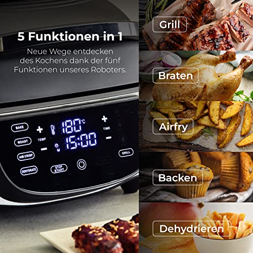 MasterPro Digital Smokeless Grill, Electric Grill, Food Processor and Table Grill, Electric Smokeless with 1800 W, 5 Functions, Hot Air Fryer, Oven and Dehydrator