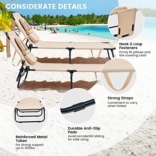 Costway Face Down Tanning Chair, Beach Lounge Chair with 5-Level Adjustable Backrest & 3 Removable Pillows, Folding Sunbathing Recliner with Face Hole, Reinforced Chaise Lounge Chair for Deck