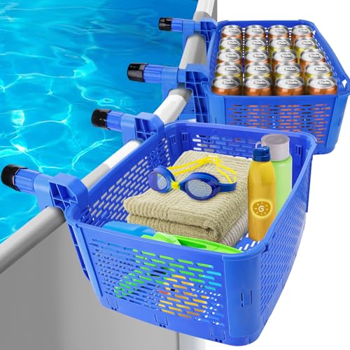 2 packs Enlarged Poolside Storage Baskets - Pool Drink Cup Holder with Bearing Up to 33Lbs for Above Ground Frame Swimming Pool Accessories with 2.3in or Less Top Rail, 15.5x14.6x7.5 inches