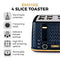 Tower T20061MNB Empire 4-Slice Toaster with Defrost/Stop, Removable Crumb Tray, 1600W, Midnight Blue with Brass Accents