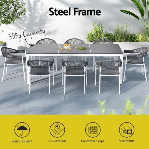 Gardeon 9 pcs Outdoor Dining Set, Steel Rope Garden Setting Table and Chairs, 8 Seater Patio Conversation Sets Extendable Tables Furniture Backyard, Weather-Resistant Black with 8 Foam Cushions