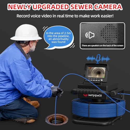 Sanyipace 100FT/30M Sewer Camera, 5600mAh Battery, 0.67inch/17mm Pipe Camera with Light, DVR and Audio Recorder, 4.3" Screen, 8 LEDs, 1000TVL Plumbing Camera, 16GB Card