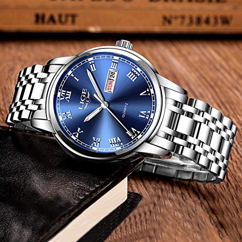 LIGE Watch for Men Fashion Elegant Analog Quartz Watch for Male Casual Waterproof Silver Stainless Steel Calendar Luxury Business Gents Dress Wristwatch Blue Round Dial