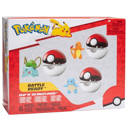 Jazwares Pokémon Clip 'N' Go Pokeball & Battle Figure Set, 3-Pack - Let's Go Starters Charmander, Bubasaur, Squirtle with Poke Balls - Officially Licensed - Gift for Kids