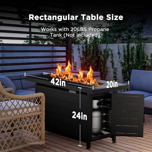 Ciays 42 Inch Propane Fire Pit, 60,000 BTU Steel Gas Fire Pit Table for Outside with Steel Lid and Lava Rock, 2 in 1 Fire Table Gatherings Parties on Patio Deck Garden Backyard, Black