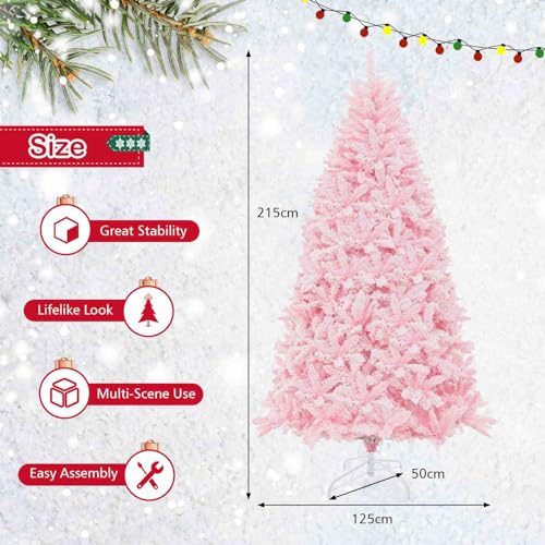 Costway 215 cm Pink Flocked Christmas Tree, Hinged Xmas Tree with 1200 PVC Branch Tips, 500 LED Lights & 8 Lighting Modes, Pre-Lit Decoration Tree for Home, Office & Carnival, Easy Assembly