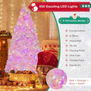 Costway 215 cm Pink Flocked Christmas Tree, Hinged Xmas Tree with 1200 PVC Branch Tips, 500 LED Lights & 8 Lighting Modes, Pre-Lit Decoration Tree for Home, Office & Carnival, Easy Assembly