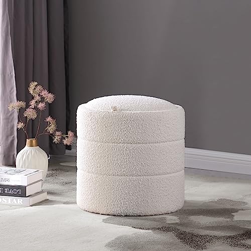 HomePop Storage Round Ottoman|Homepop Home Décor|Upholstered Round Velvet Foot Rest Ottoman - Cream Boucle