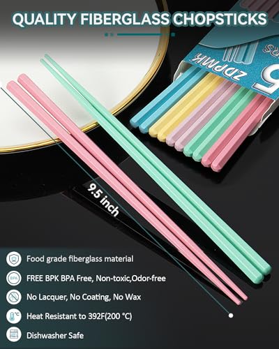 ZDPMK 5 Pairs Reusable Fiberglass colorful Chopsticks Set, Dishwasher Safe, 9.57 Inches, Premium Non-Slip Design with Case – Perfect for Japanese, Korean, and Chinese Cuisine, Great Gift for Parties