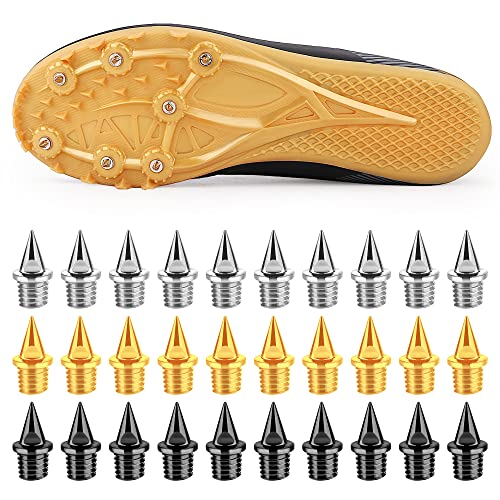 Homotte 1/4 inch Track Spikes Pyramid, 120 Pieces Steel Spikes with Storage Box and Small Wrench, Gold, Silver and Black Mixed Spikes for Youth Track Athletes Running Cross Country Replacement