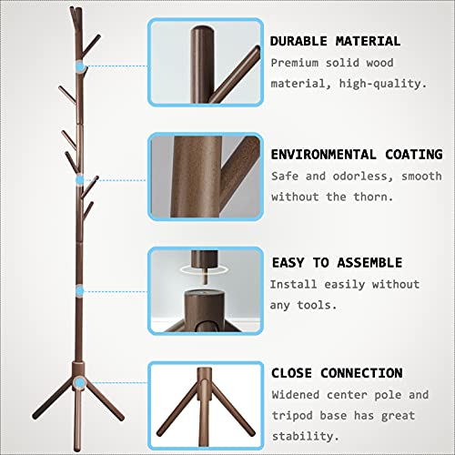 Neween Sturdy Wooden Tree Coat Rack Stand, Adjustable Free Standing Hall Coat Tree with 3 Section & 8 Hooks for Coats, Hats, Bags, Purse, Entryway, Hallway, Easy to Assemble (Brown)