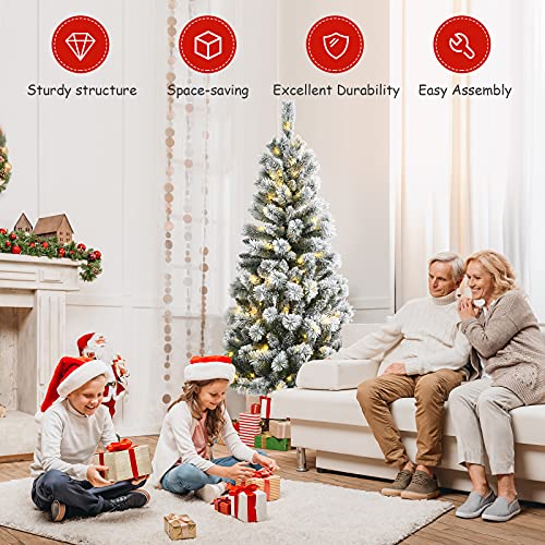 Costway 1.8M/6 ft Pre-lit Snow Flocked Christmas Tree with 9 Lighting Modes and Color Changing LED Lights, Artificial Xmas Hinged Tree with Remote Controller, Xmas Pine Tree Christmas Decoration for Home, Office, Party