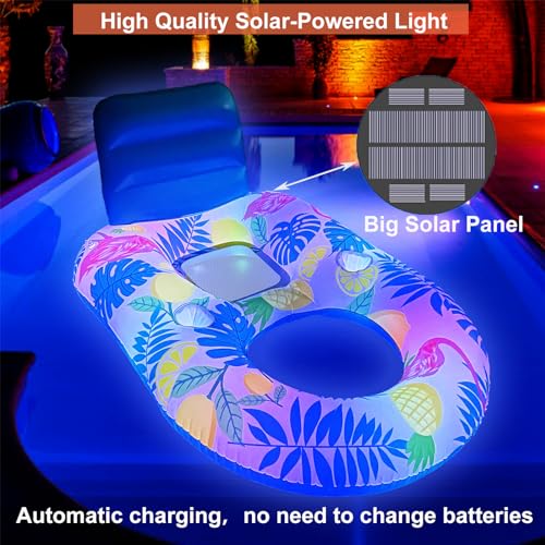 Inflatable Pool Floats Adults with Light, Solar Powered Swimming Pool Chair, Inflatable Pool Floaties Chair, 55 inch Large Pool Float with Night Lights, Summer Beach Pool Lounge with Cup Holder