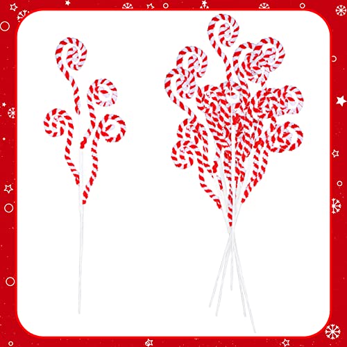 6 Pcs 16 Inch Red White Christmas Tree Picks Decoration Candy Cane Woolen Curly Pick Lollipop Large for Xmas Tree Topper Decor Home Vase Filler Craft Wreath Holiday Party Ornament Garland