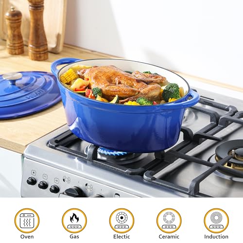 Velaze 7.5 QT Enameled Oval Dutch Oven Pot with Lid, Cast Iron Dutch Oven with Dual Handles for Bread Baking, Cooking, Frying, Non-stick Enamel Coated Cookware