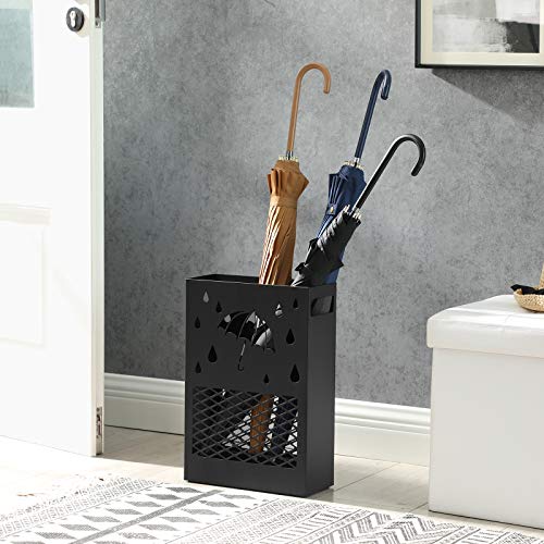 SONGMICS Metal Umbrella Stand, Rectangular Umbrella Holder Rack, with a Removable Drip Tray, 4 Hooks, Cutout Design, for Entryway, Office, Black ULUC004B01