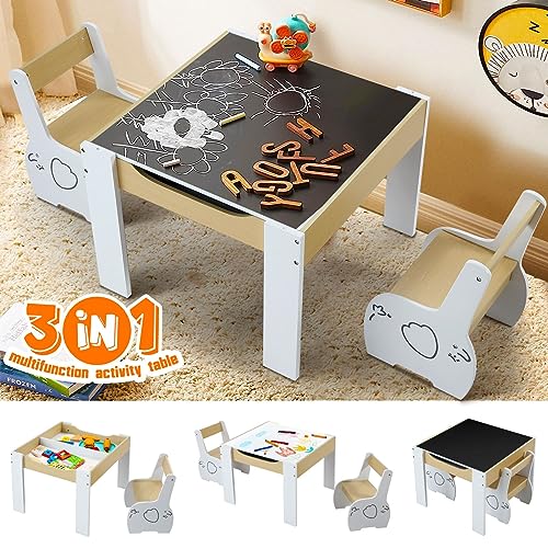 Kidbot Kids Table and 2 Chairs Set Childrens Desk with Storage Wooden Toddler Furniture Activity Centre for Drawing Study Reading