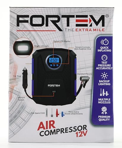 FORTEM Tyre Inflator Portable Air Compressor 150 PSI, Bike Pump, 12V Electric Air Pump for Car Tyres and Bicycles w/LED Light, Digital Tyre Pressure Gauge w/Auto Pump/Shut Off, Carrying Case (Blue)