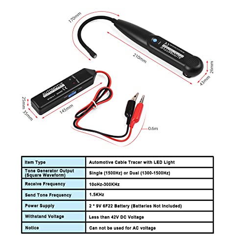 Automotive Cable Tracer - Car Short and Open Circuit Cable Detector Line Finder Wire Trackers DC 42V Probe Car Diagnostic Tools Locating Breakage Cable with 3.5mm Earphone Jack, LED Light, Bag