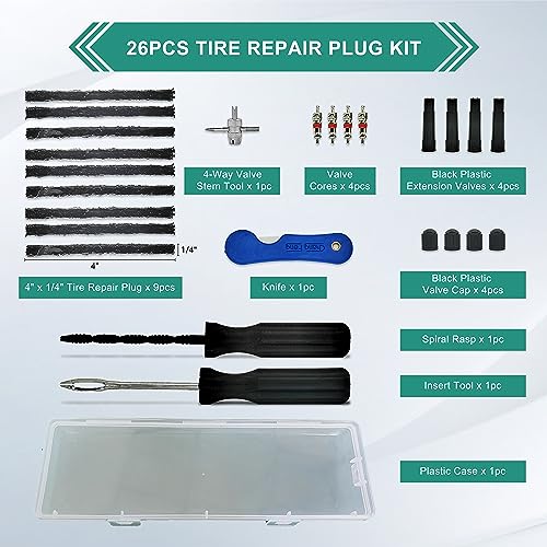 ZERINT TT-M26 Tubeless Tire Repair Kits, 26pcs Compact Tire Puncture Repair Kit, Tire Repair Tools and Tire Repair Plugs for Cars Motorcycles