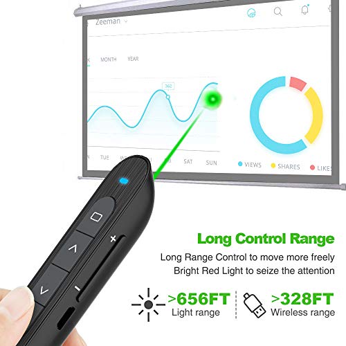 KNORVAY N76GBK Wireless Presenter with Green Light, 360mAH Rechargeable Hyperlink Volume Control USB Powerpoint Clicker Presentation Remote Control Laser Pointer 2.4GHz