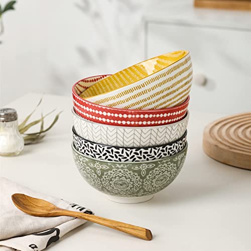 HUIRUMM Ceramic Cereal Bowl, Set of 6 Vibrant Color Dessert Bowls,22 oz Porcelain Bowl Set,Oatmeal Bowls, Bowls for Soup, Salad, Rice, Ramen, Dessert, Rice, Noodle, Bowls for Kitchen, Assorted Designs