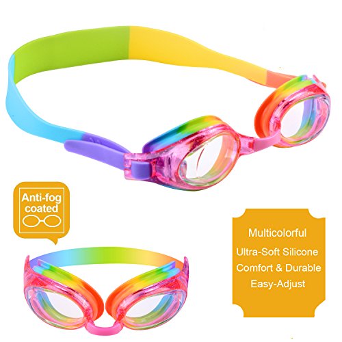 Kids Swim Goggles Waterproof Swimming Goggles Kids Child Goggles Glasses With Clear Wide Vision Anti Fog UVA/UVB Protection and No Leak Soft Silicone Gasket for Girls Children