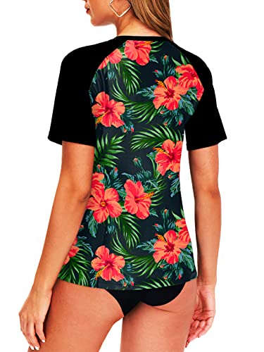 AOBUTE Women Rash Guard UPF 50+ Sun Protection Tropical Floral Printed Swim Shirts, Floral, Large