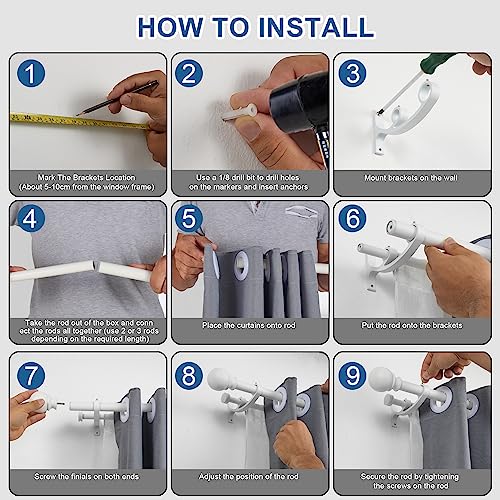 Lwiiom Double Curtain Rods with Aluminum Bouquet Brackets and Round Finials,Matte White Curtain Rods for Windows 72 to 144 inch,1-Inches Front and 5/8 Inches Back Double Window Drapery Rod for