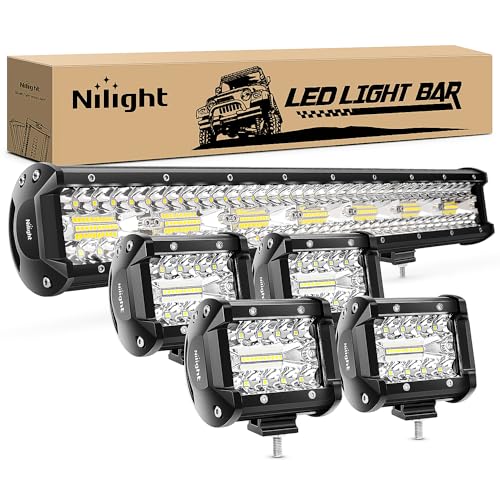 Nilight 20 Inch 420W Triple Row Flood Spot Combo Led Light Bar 4PCS 4Inch 60W LED Pods Driving Boat Lights Led Off Road Trucks Lights, (ZH415), Black