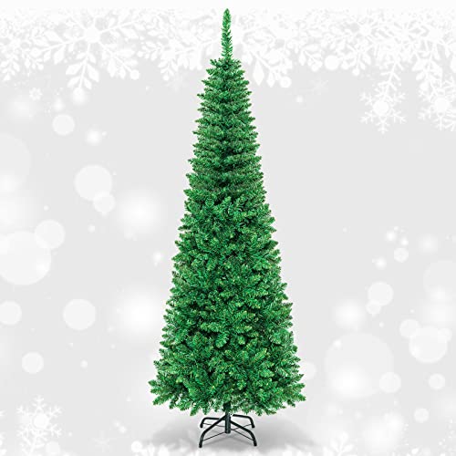 Costway Artificial Pre-lit Christmas Tree, Hinged Fir, Xmas Pencil Tree with Foldable Metal Stand & Superior PVC Leaves, Easy Assembly, Christmas Decoration for Indoor (1.98 M)