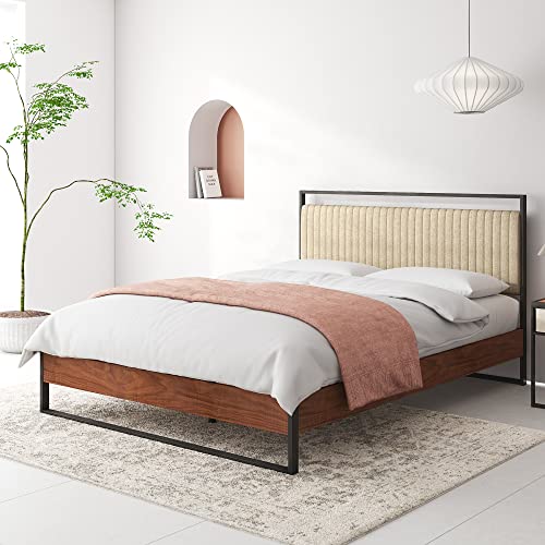 Zinus Queen Bed Frame ILSANG Metal and Wood Bed with Upholstered Fabric Headboard - Queen/ 5 Yr Warranty/Metal Pine Heavy Solid Wood, Ironline Range/Bedroom Furniture Industrial