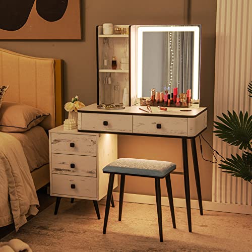 Giantex Vanity Set with Lighted Mirror, Makeup Table with 3-Color Dimmable LED Lights, 5 Drawers, Storage Shelves, Cushioned Stool and Charging Station, Dressing Desk Set for Bedroom