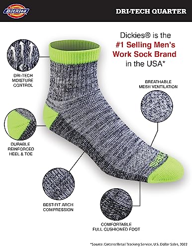 Dickies Men's Dri-tech Moisture Control Quarter Socks (6, 12, 18 Pairs), Black (6 Pairs), 6-12