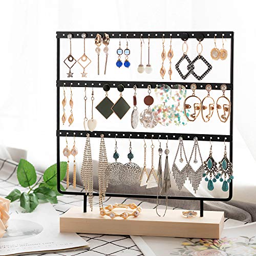 Simple Ear Stud Holder 4-Tier Earring Stand Earring Holder Decorative Jewelry Holder Display Rack Jewelry Stand Display with Wooden Tray/Dish for Earrings Necklace Bracelet Rings 69 Holes