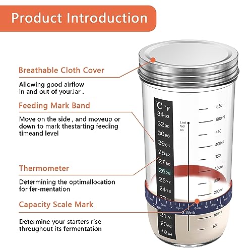 9Pcs Sourdough Starter Jar Kit, 730ml Glass Sourdough Bread Baking Supplies, Sourdough Starter Kit with Lid & Scale & Cloth Cover & Spatula & Thermometer, Sourdough Starter Container for Baking