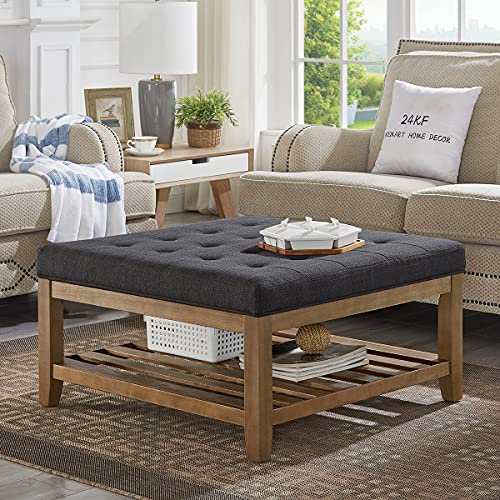 24KF Large Square Upholstered Tufted Linen Ottoman Coffee Table, Large Footrest Ottoman with Solid Wood Shelf- Charcoal