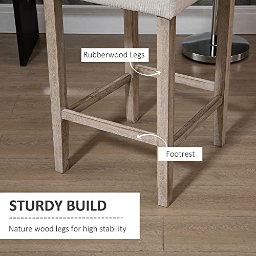 HOMCOM Modern Bar Stools Set of 2, Tufted Upholstered Barstools, Pub Chairs with Back, Rubber Wood Legs for Kitchen, Dinning Room, Beige