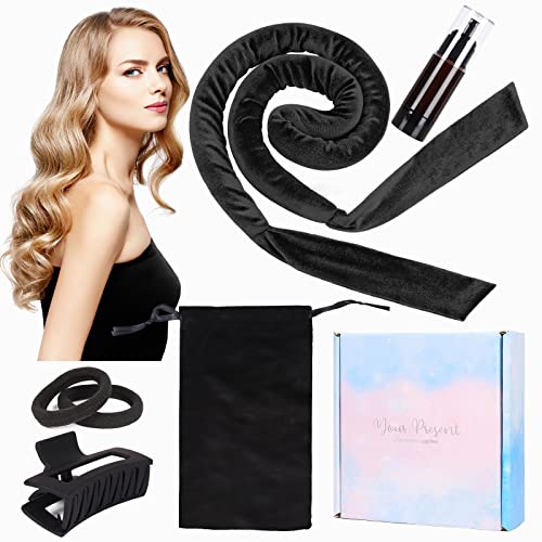 Velour Heatless Curling Rod Headband 60" Extra Long Heatless Hair Curler No Heat Curling Headband Heatless Curling Set Heatless Overnight Natural Curls (Black)