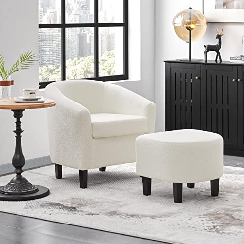 Yaheetech Contemporary Sherpa Accent Chair and Ottoman Set, Mid Century Modern Soft Barrel Chair Comfy Fabric Armchair and Footrest for Living Room/Bedroom/Reading Room, Ivory