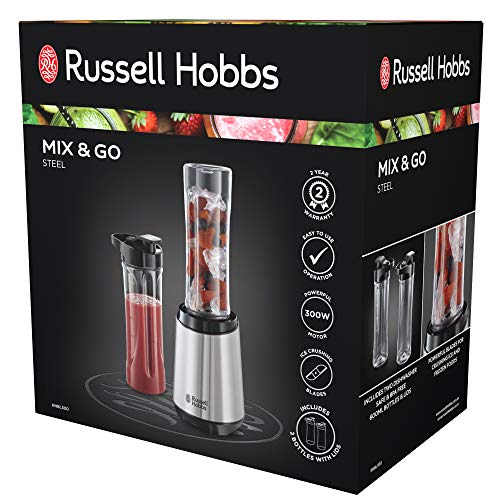 Russell Hobbs RHBL300, Mix and Go Stainless Steel Blender, 300 Watt Electric Motor and Dishwasher Safe, High Speed Blender, Silver/Black