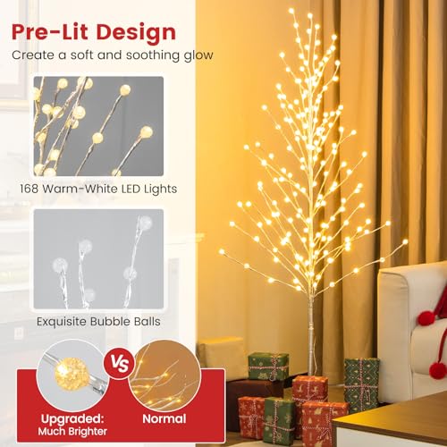 Costway 155 CM Lighted Birch Tree, Artificial Christmas Twig Tree with 168 Warm-White LED Lights, Metal Stakes, Indoor & Outdoor Christmas Holiday Party Decor, Xmas Birch Tree for Porch Home Store