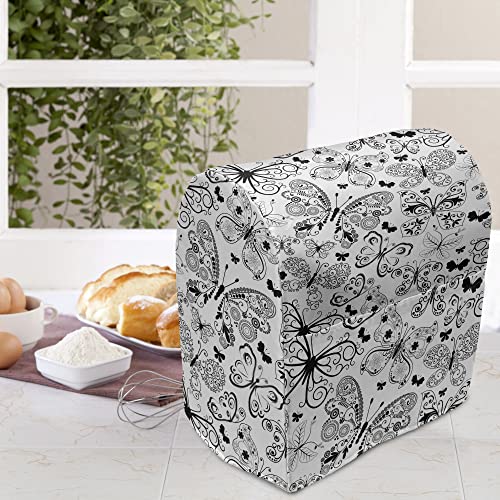 Ambesonne Tattoo Stand Mixer Cover, Monochrome Pattern with Floral Abstract Butterflies in Filigree Style Spiral Wings, Kitchen Appliance Organizer Bag Cover with a Pocket, 6-8 Quarts, Black and White