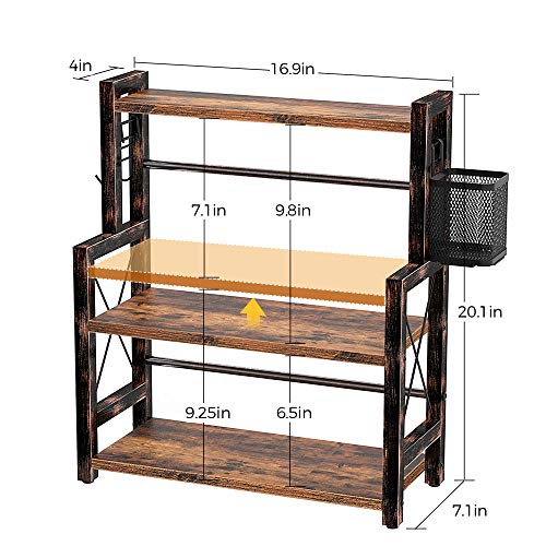 Rolanstar Spice Rack Organizer with Wire Basket, 3-Tier Kitchen Shelf Organizer Rack 16.9", Wooden Spice Organizer with 2 Hooks, Countertop Bathroom Storage Shelf, Seasoning Rack Rustic