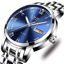 LIGE Watch for Men Fashion Elegant Analog Quartz Watch for Male Casual Waterproof Silver Stainless Steel Calendar Luxury Business Gents Dress Wristwatch Blue Round Dial
