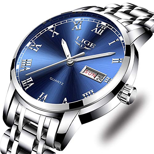 LIGE Watch for Men Fashion Elegant Analog Quartz Watch for Male Casual Waterproof Silver Stainless Steel Calendar Luxury Business Gents Dress Wristwatch Blue Round Dial