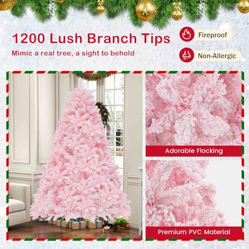 Costway 215 cm Pink Flocked Christmas Tree, Hinged Xmas Tree with 1200 PVC Branch Tips, 500 LED Lights & 8 Lighting Modes, Pre-Lit Decoration Tree for Home, Office & Carnival, Easy Assembly