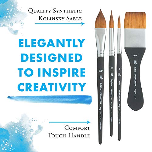 PRINCETON ARTIST BRUSH CO. Aqua Elite Fine Art Watercolours Brushes, Synthetic Kolinsky Sable, 4 Piece Brush Set, Short Handle, Ideal for Professionals & Students