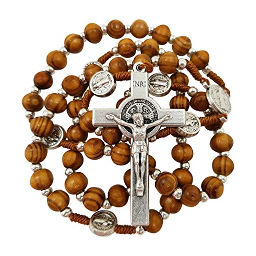 TALISMAN4U Olive Wood Rosary Beads Catholic Necklace St Saint Benedict Medal Crucifix Jerusalem Cross Gift Box, Wood