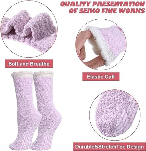 ZANZER (5 Pairs) Non Slip Yoga Pilates Socks for Women Winter Warm Cozy Fuzzy,Plush Slipper Grips Socks Soft Fluffy Hospital Socks with Grips (Green + Purple + Pink + Grey + Blue)